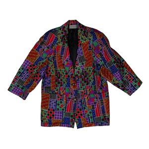 Vintage Alan Douglas Womens Multicolor Geometric Print Silk Blazer